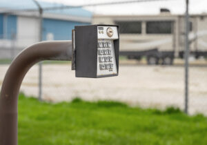 Keypad gate access code entry panel at All Seasons Storage in Franksville, WI