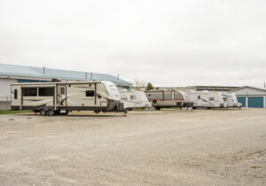 Outdoor RV and camper trailer storage lot at All Seasons Storage in Franksville, WI